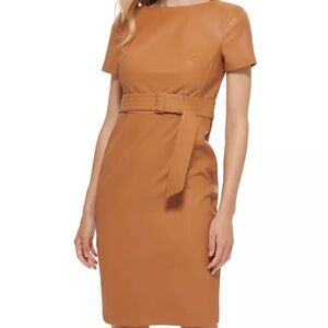 Calvin Klein Faux Leather Sheath Midi Dress with Belt Gold Zipper Down Back NEW